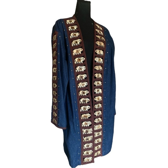 Vintage Denim Maxi Coat Wooden Elephant Bone Inserts Blue Jean Large Oversized - Picture 14 of 15